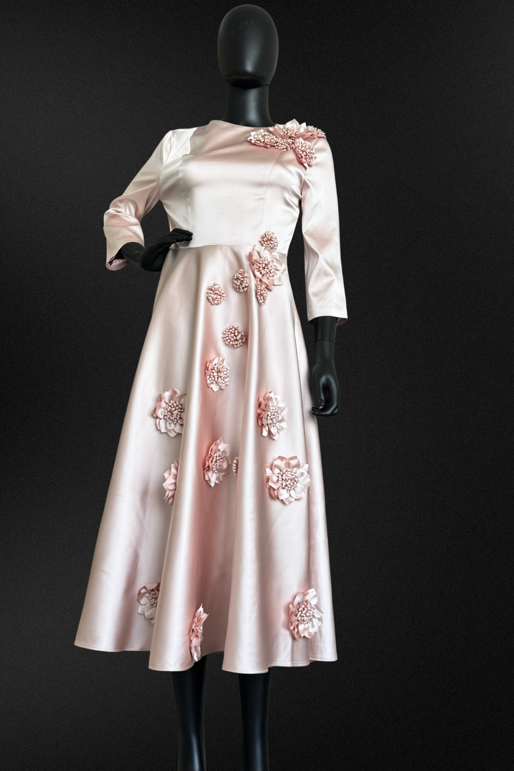 Pink Floral Appliqué Midi Dress - BTK COLLECTIONS