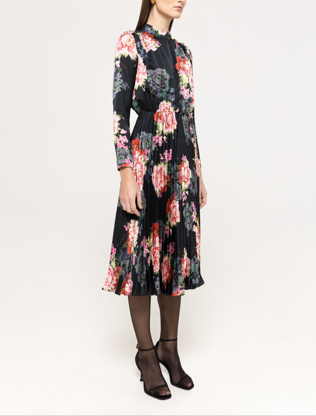 Black floral pleated midi dress with high neck and long sleeves for elegant year-round workwear