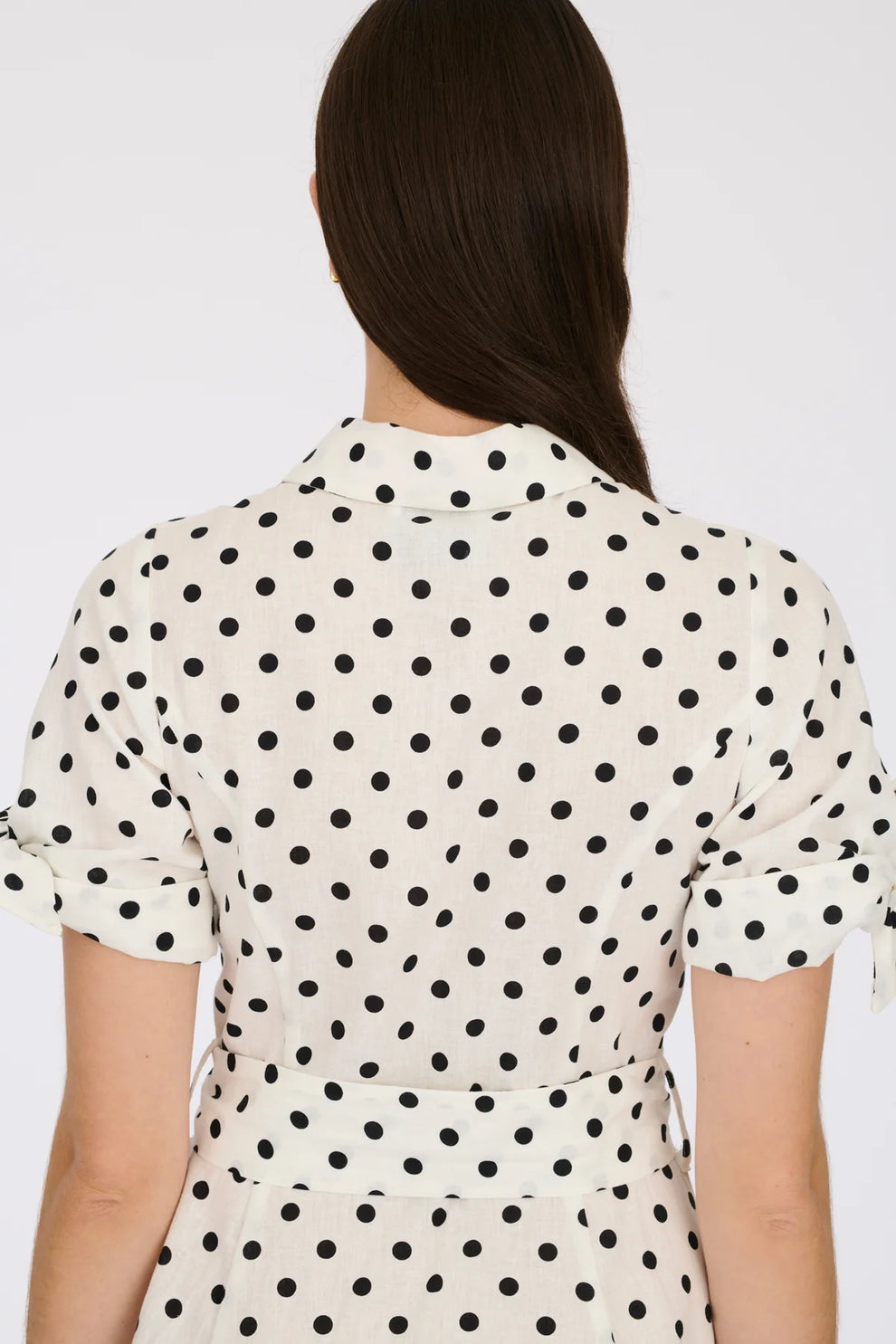 White Polka Dot Shirt Dress With Tie Sleeves