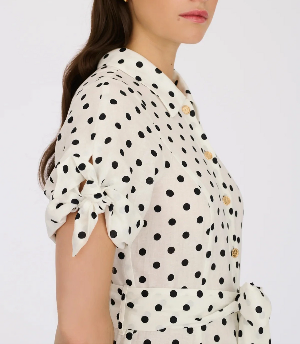 White Polka Dot Shirt Dress With Tie Sleeves