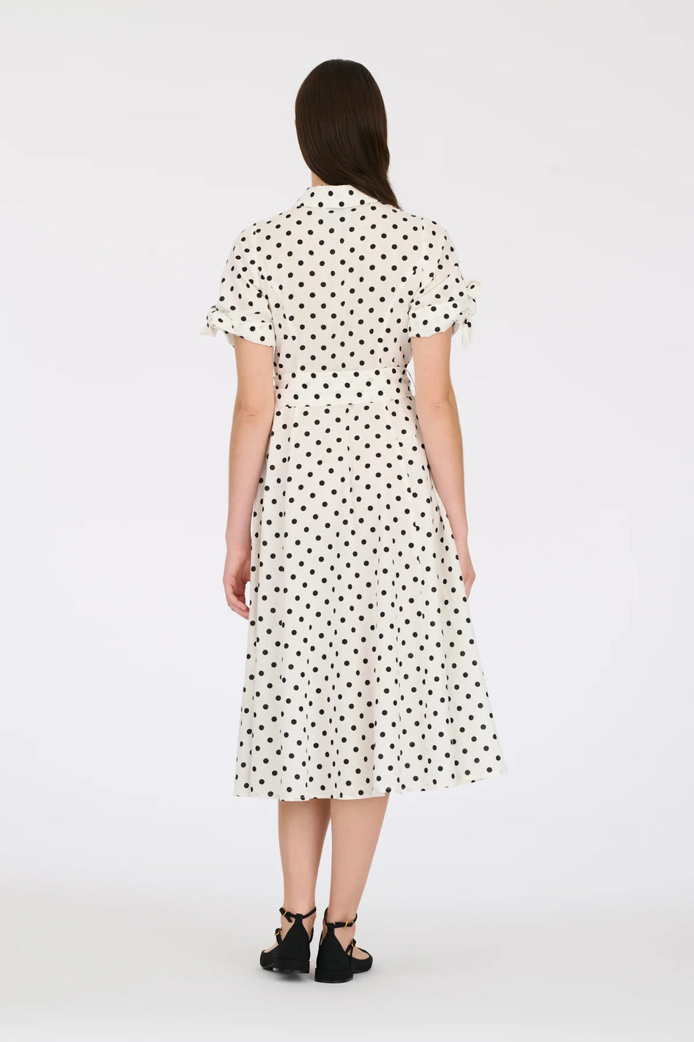 White Polka Dot Shirt Dress With Tie Sleeves