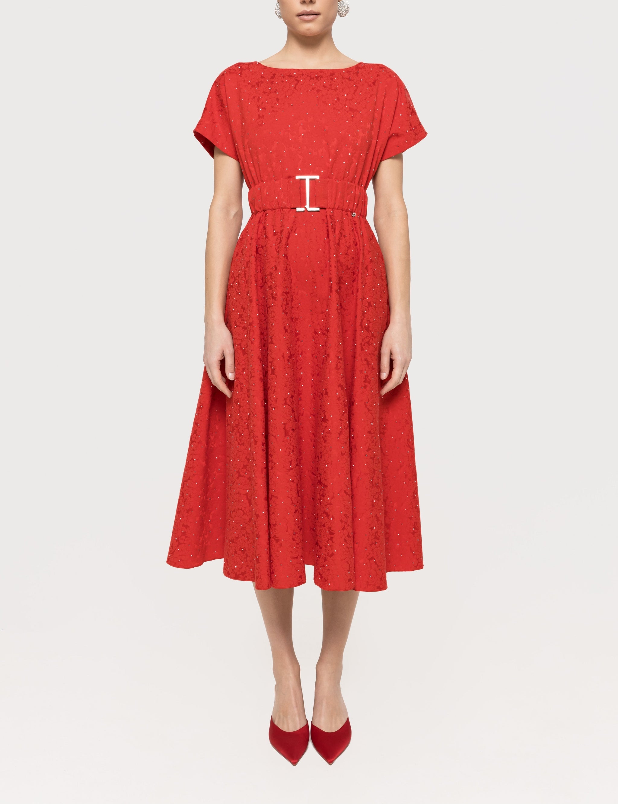 red embellished midi dress Red Rhinestone Drape Midi Dress