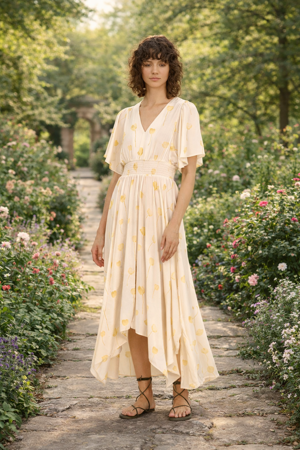 Model is wearing rosewater color Watercolor Floral Maxi Dress designed by Grade & Gather at BTK COLLECTIONS standing in the garden