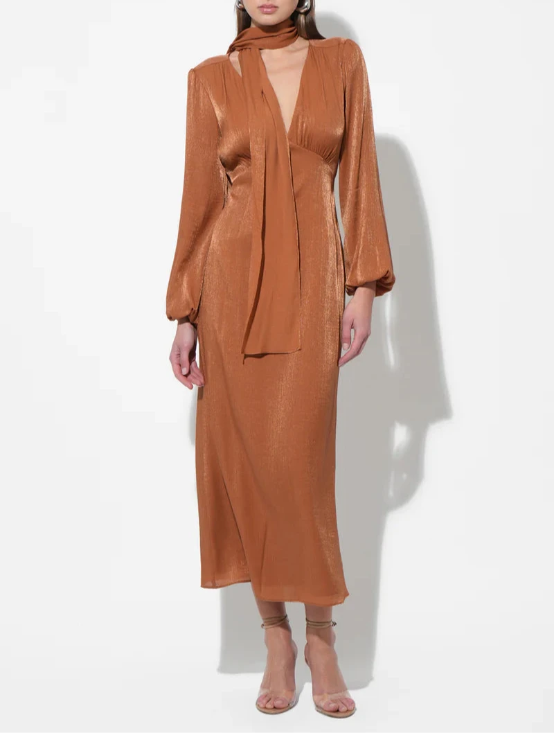 Front view of rust satin scarf‑neck long‑sleeve midi dress with V‑neckline and column skirt