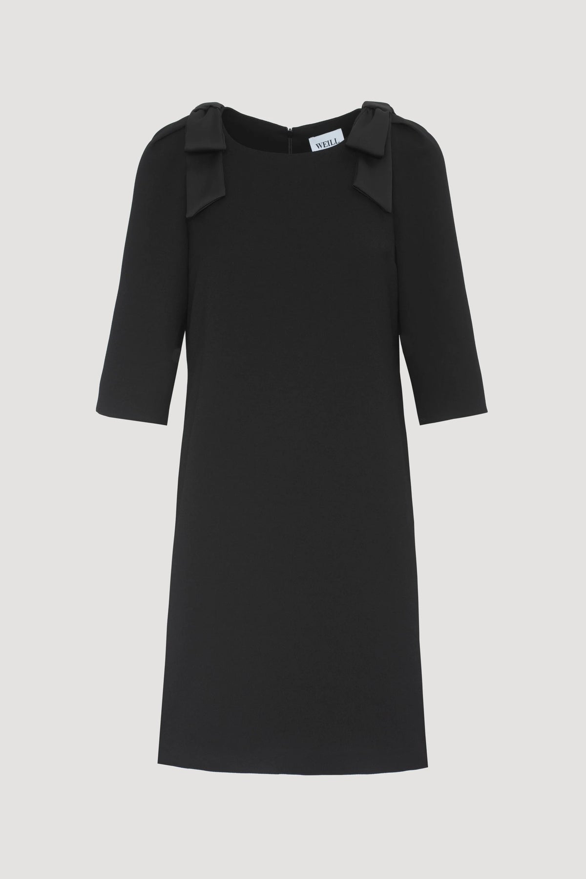 WEILL Paris black satin bow cocktail dress displayed without a model, showing the straight silhouette and three-quarter sleeves.