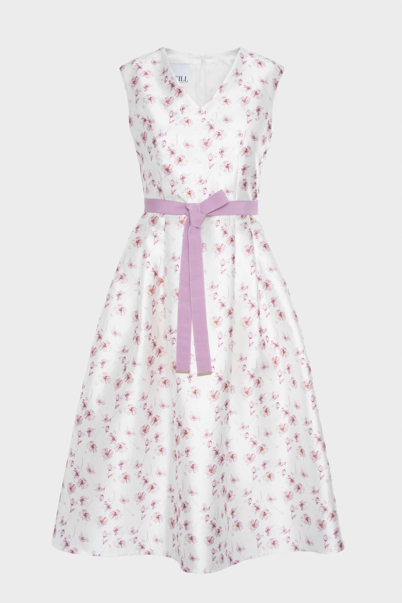 Sleeveless floral taffeta midi dress with pink floral print, V-neck, and lilac belt