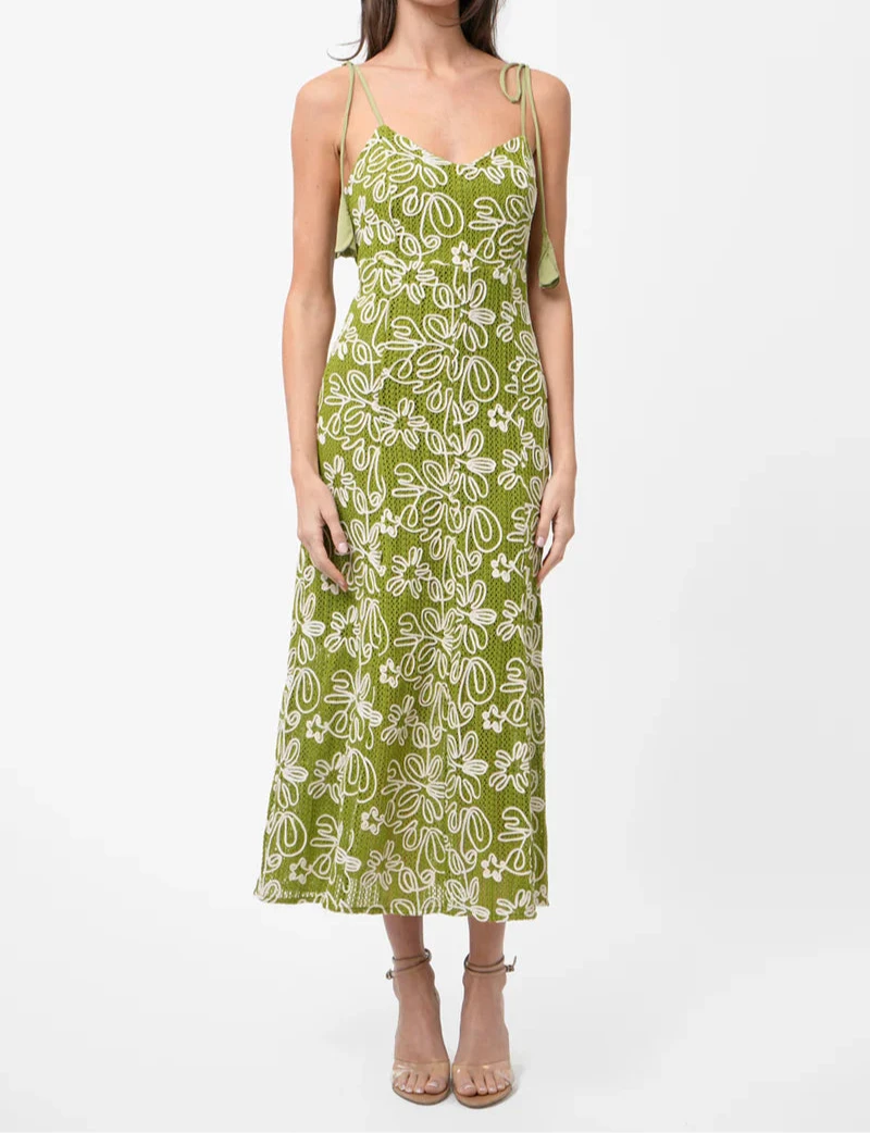 Olive green A-line midi dress with textured corded fabric by Adelyn Rae