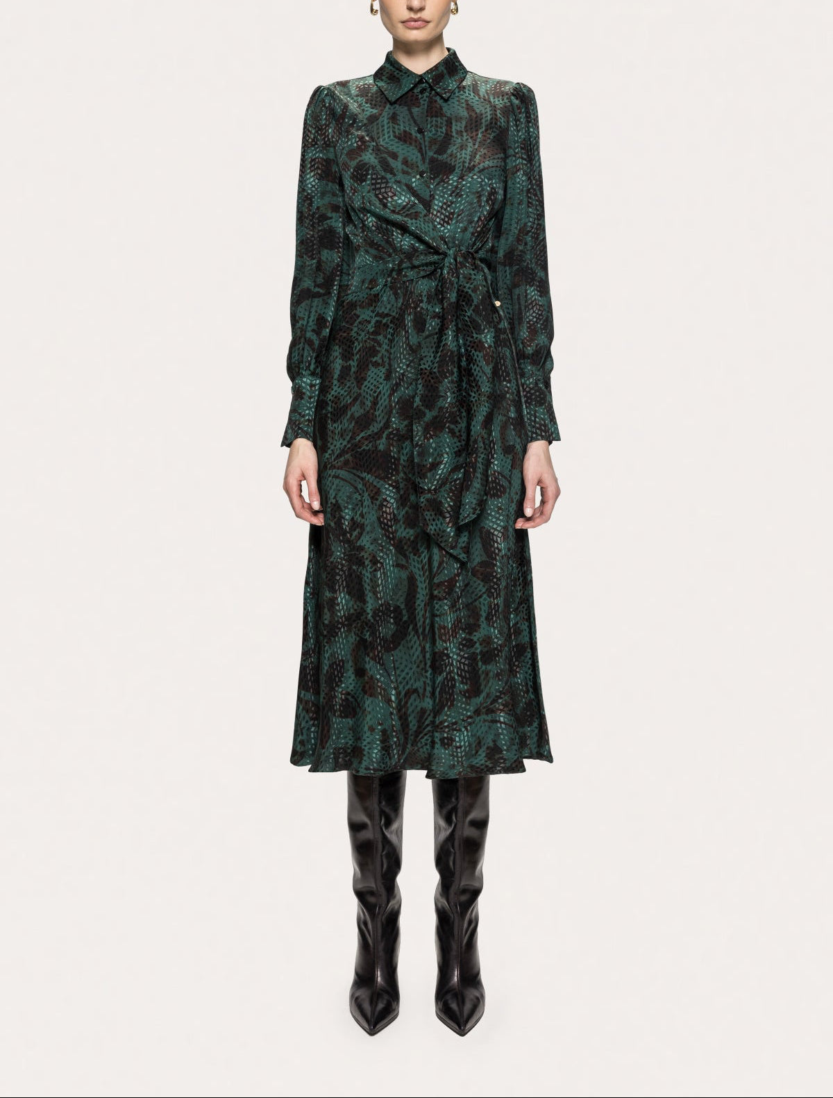 Front view of NISSA green floral tie-waist midi shirt dress with a softly flared skirt.
