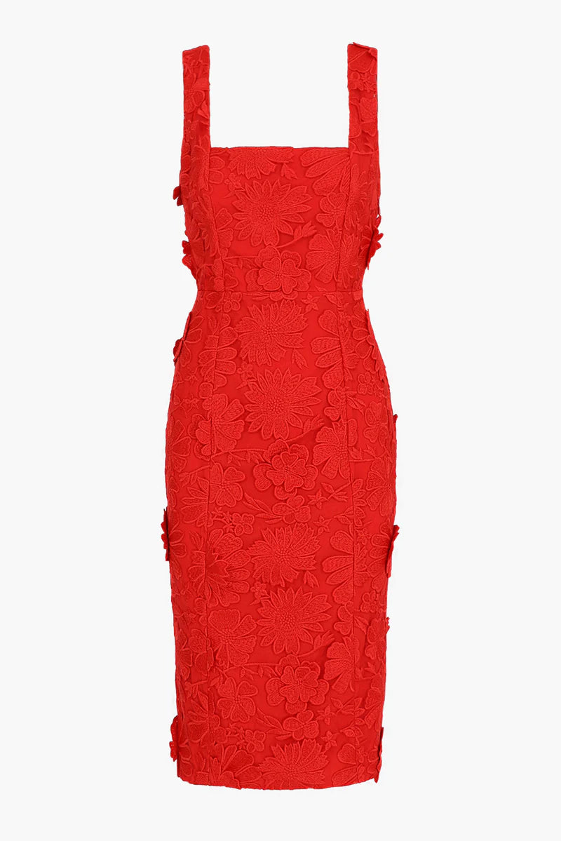 Front view of red Vonna 3D lace midi dress featuring floral applique, square neckline, and sleeveless fitted silhouette – Adelyn Rae