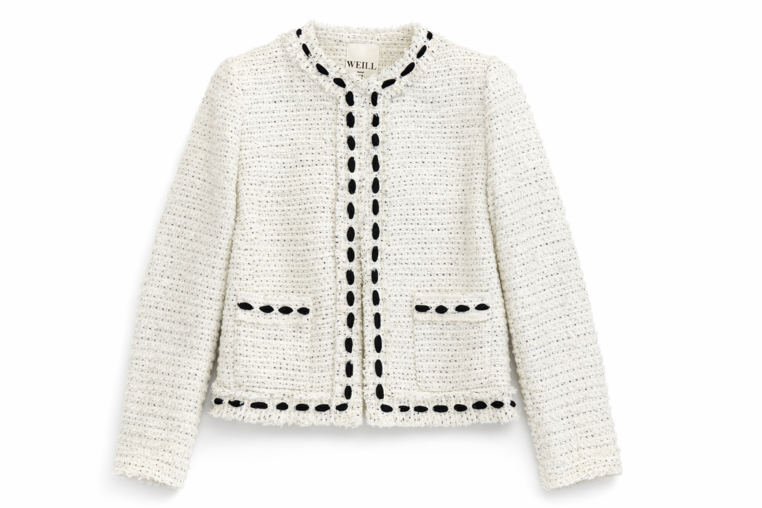 Weill Paris ivory bouclé tweed contrast trim jacket with collarless neckline, front patch pockets, and black trim detail