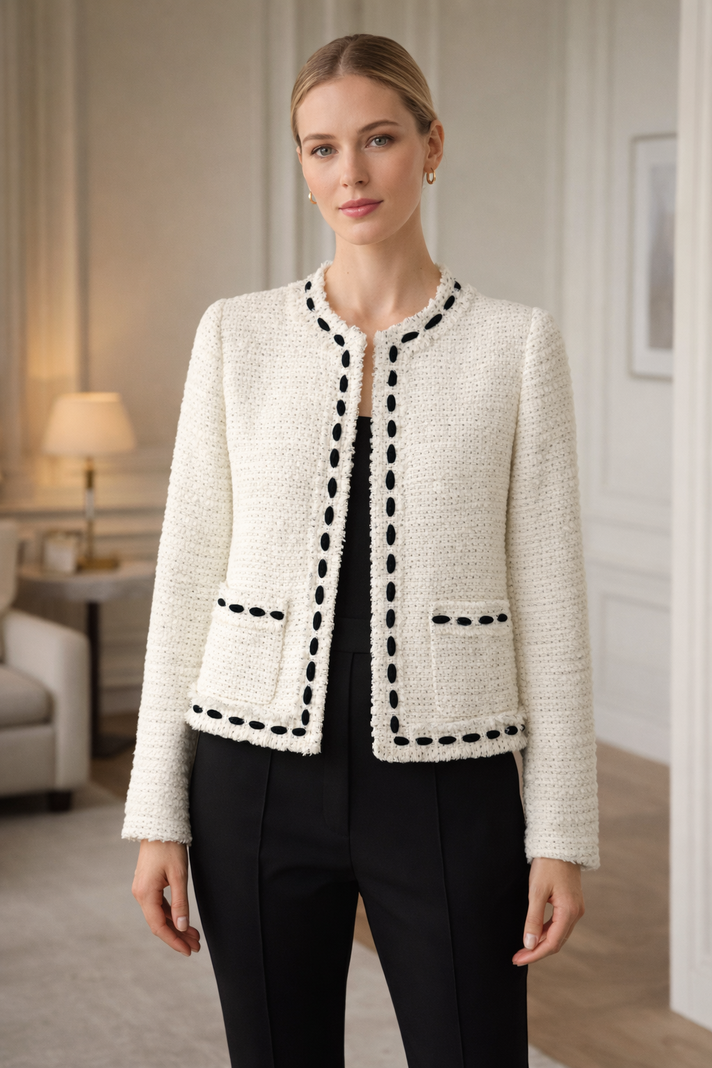 Weill Paris Ivory Boucle Tweed Contrast-Trim Jacket