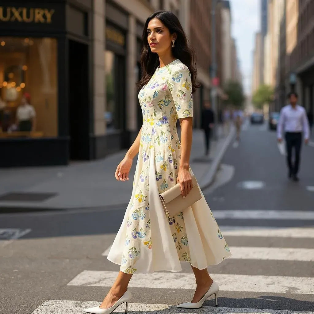 Yellow floral midi dress by Nora Noh with mosaic print and fit-and-flare silhouette worn outdoors.