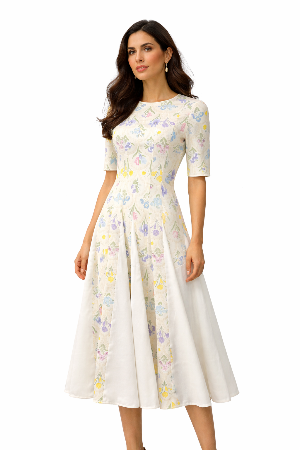 Front view of yellow mosaic floral midi dress with elbow sleeves and A-line skirt.