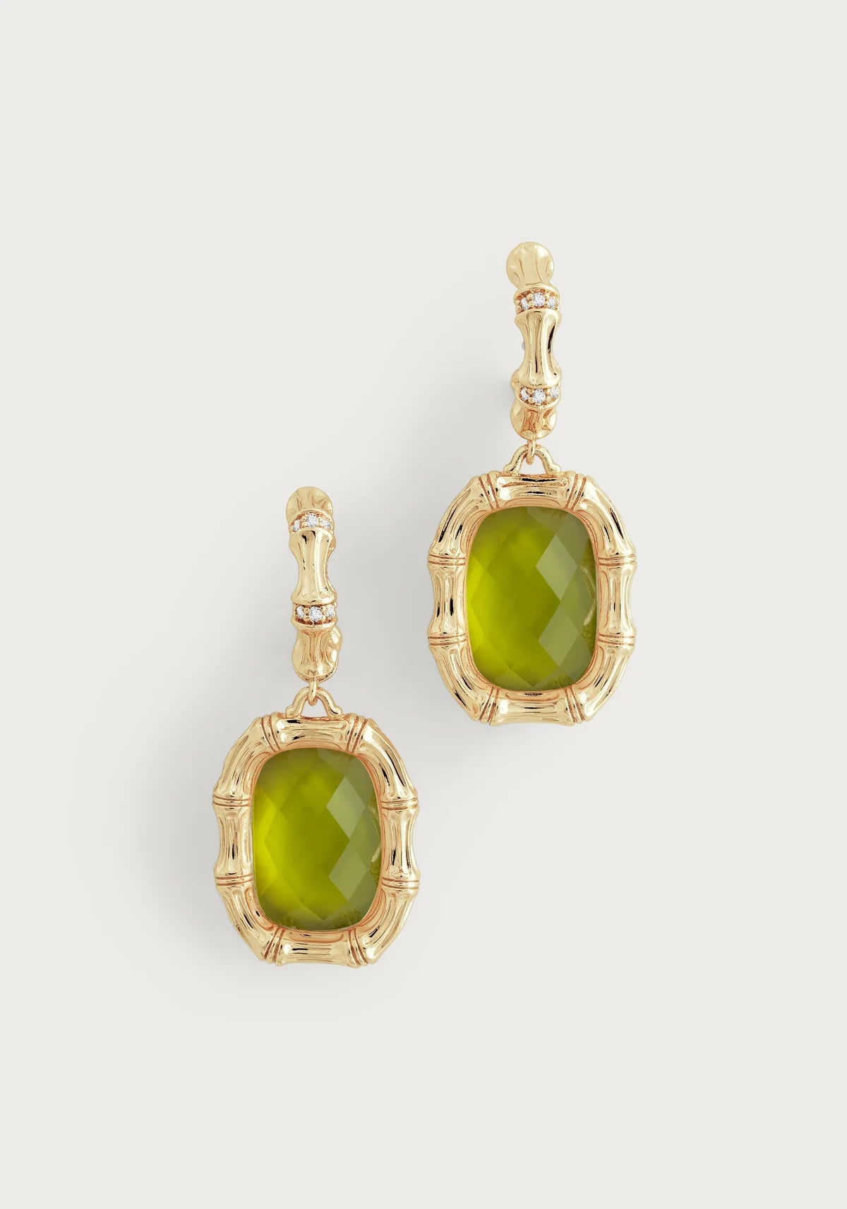 Green glass stone gold bamboo drop earrings with pavé accents