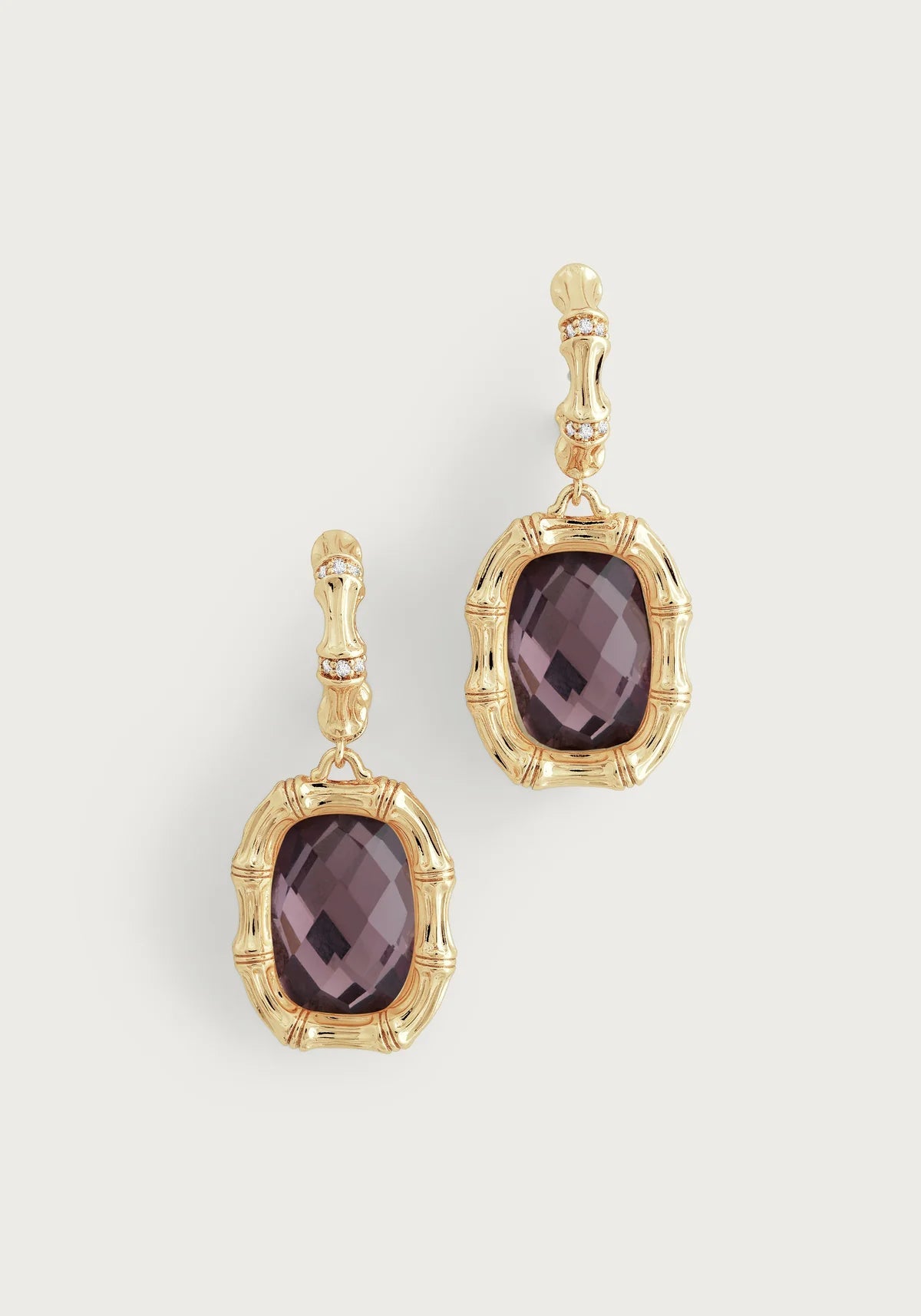 Amethyst glass stone bamboo drop earrings in 18K gold-dipped brass