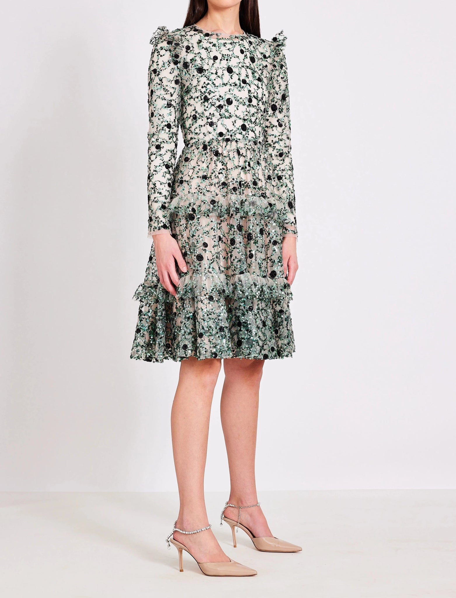 Beige Mesh Dress With Green Sequins And Black Circles