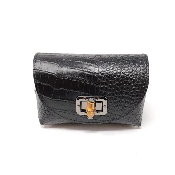 Black croc-embossed genuine leather crossbody bag with bamboo-style turn-lock and compact silhouette