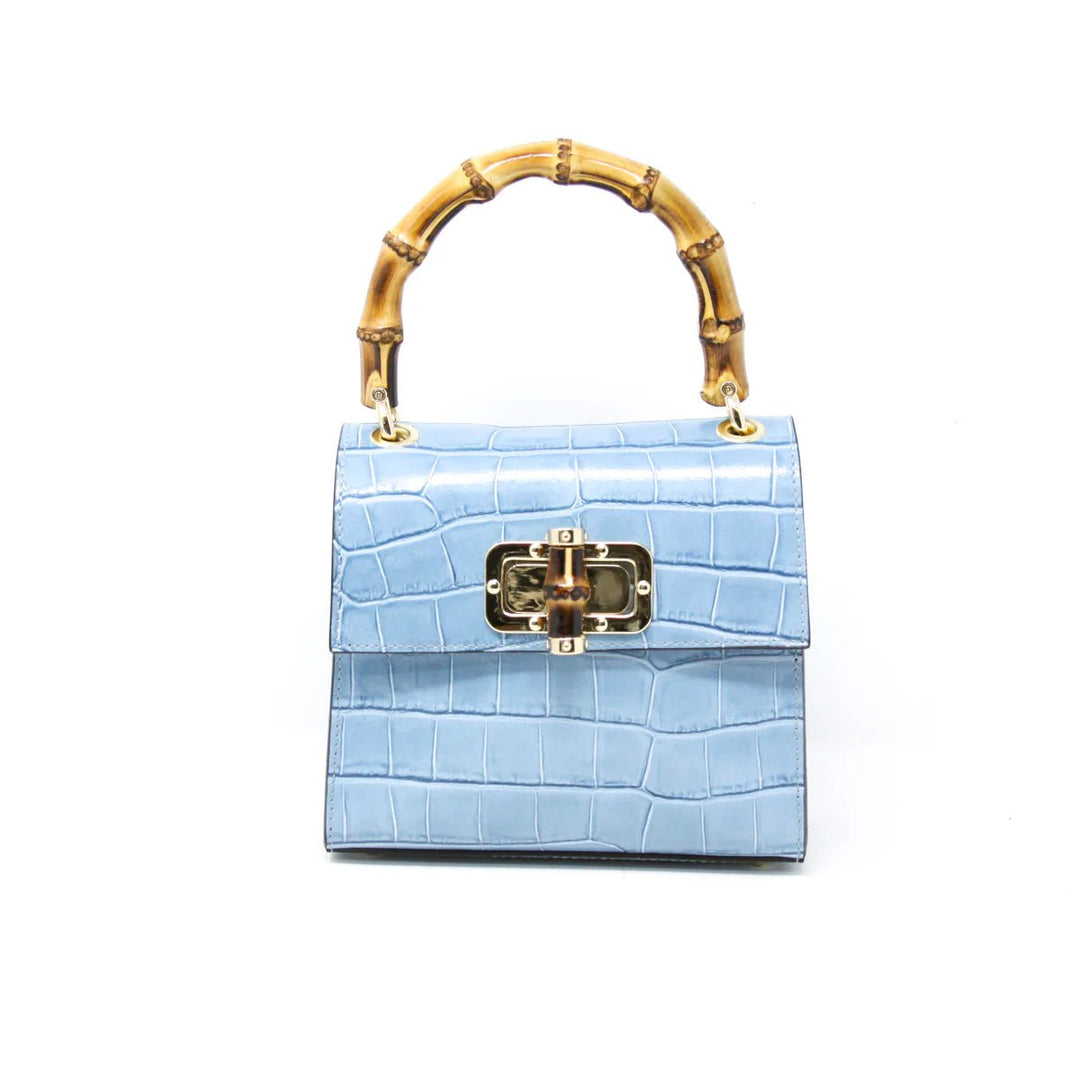 Croc-Embossed Leather Handbag with Bamboo Handle - BTK COLLECTIONS