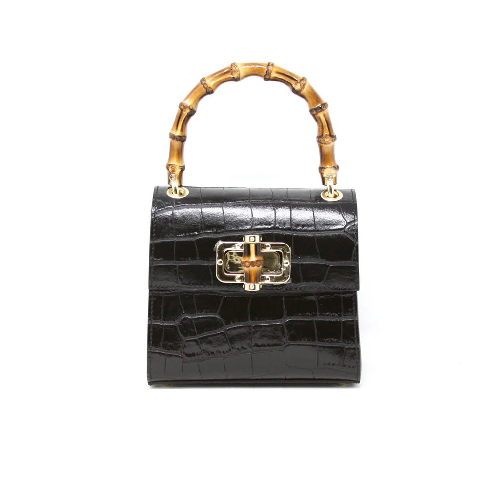 Croc-Embossed Leather Handbag with Bamboo Handle - BTK COLLECTIONS
