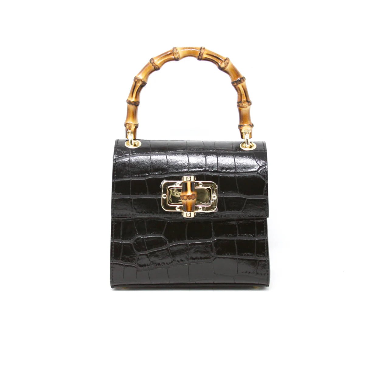 Croc-Embossed Leather Handbag with Bamboo Handle - BTK COLLECTIONS