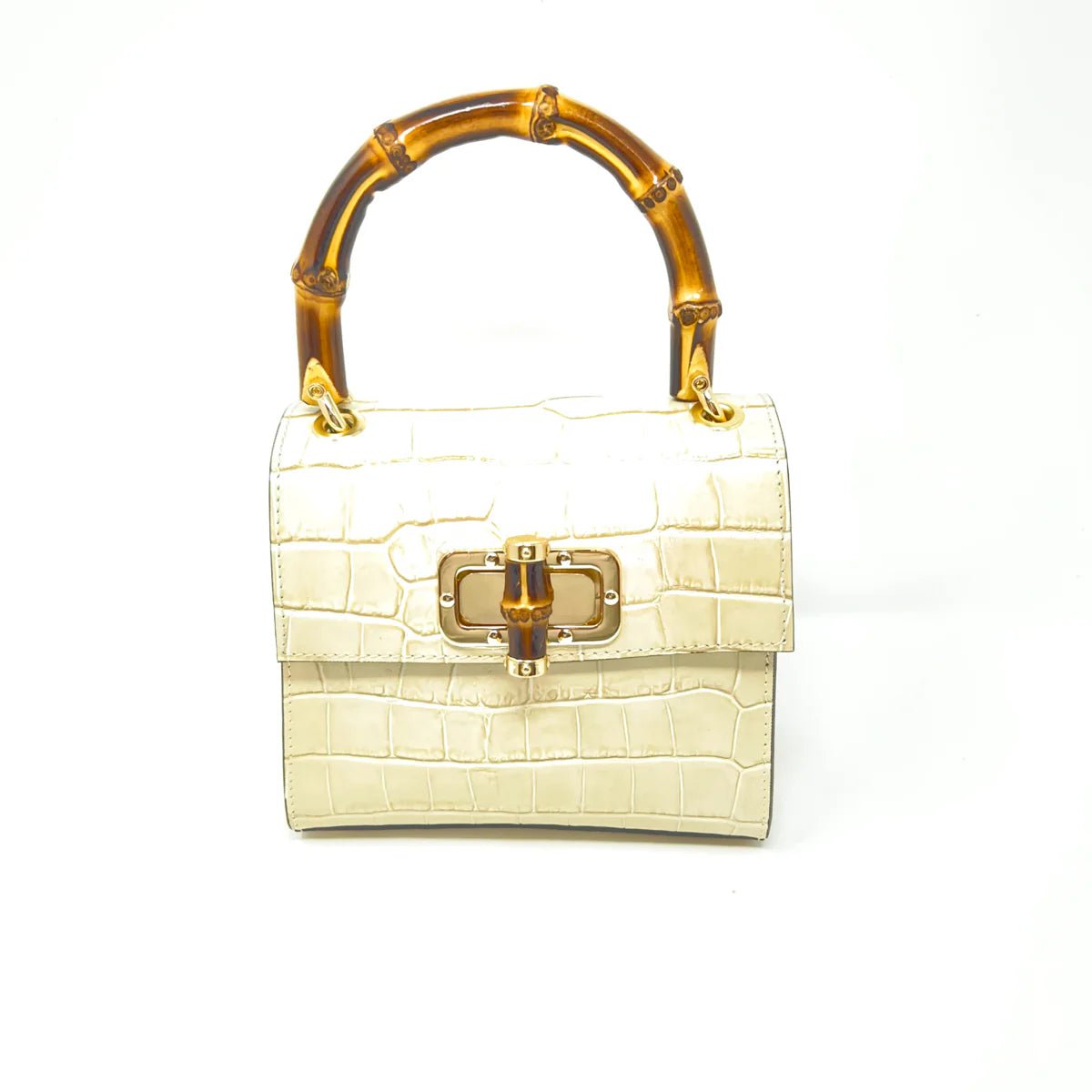 Croc-Embossed Leather Handbag with Bamboo Handle - BTK COLLECTIONS
