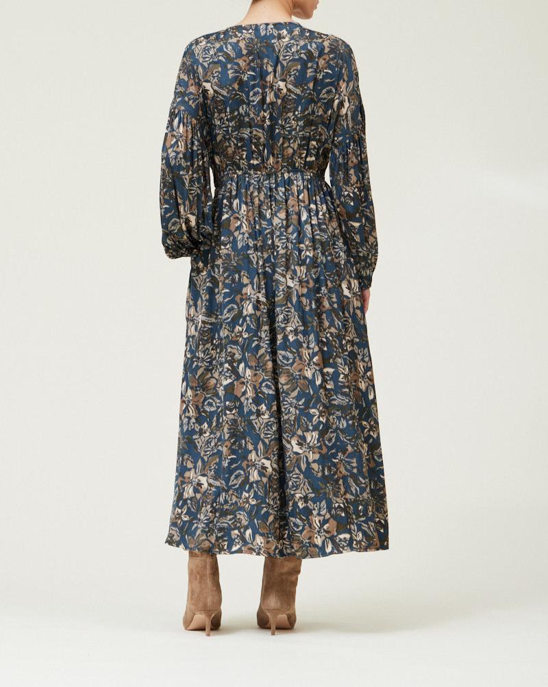 Side view of Dark Steel floral satin midi dress with long blouson sleeves