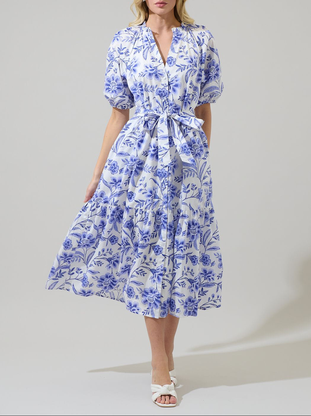Maeve Floral Wynette Tiered Midi Dress - BTK COLLECTIONS