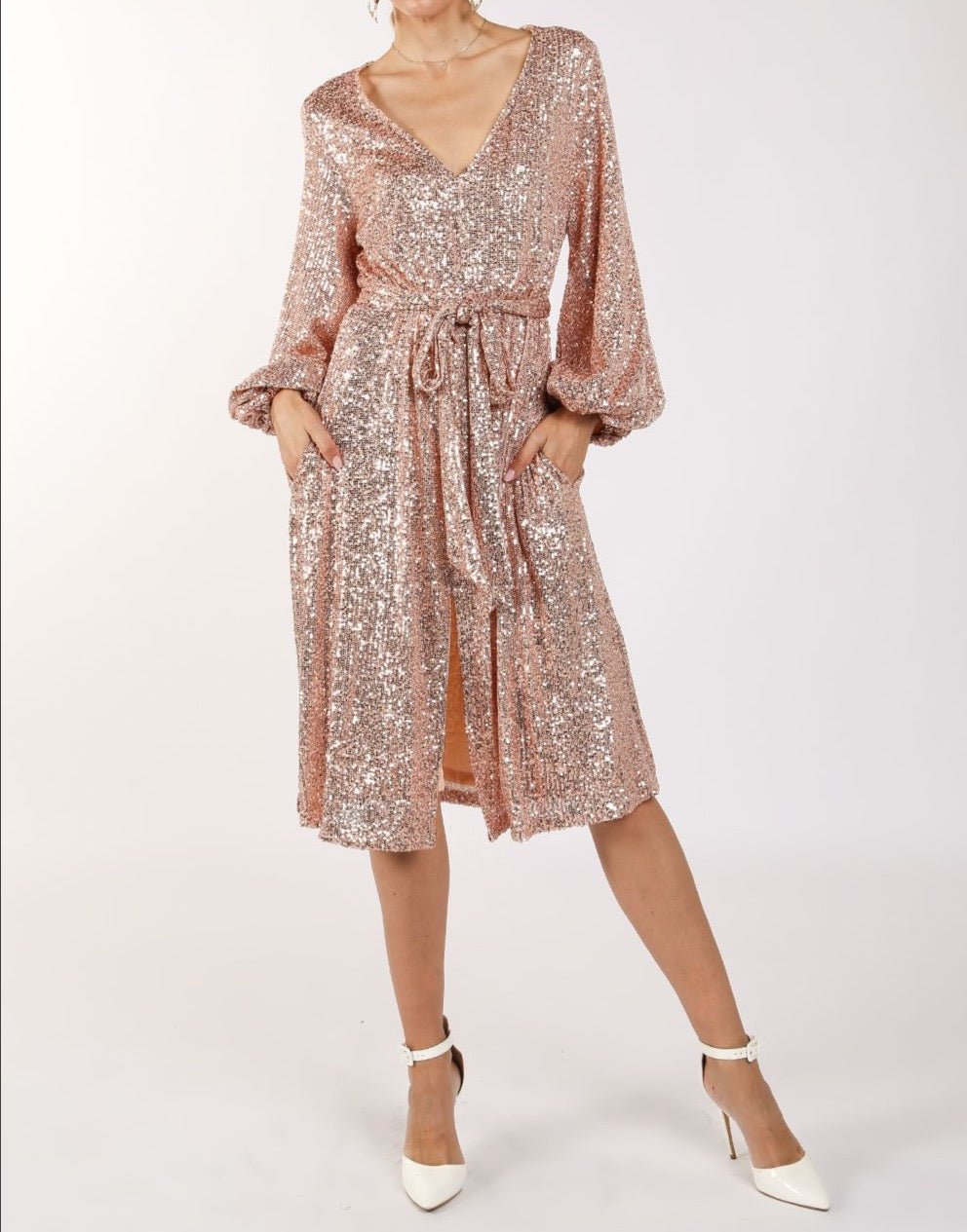 Miles Sequin V-Neck Midi Dress - BTK COLLECTIONS