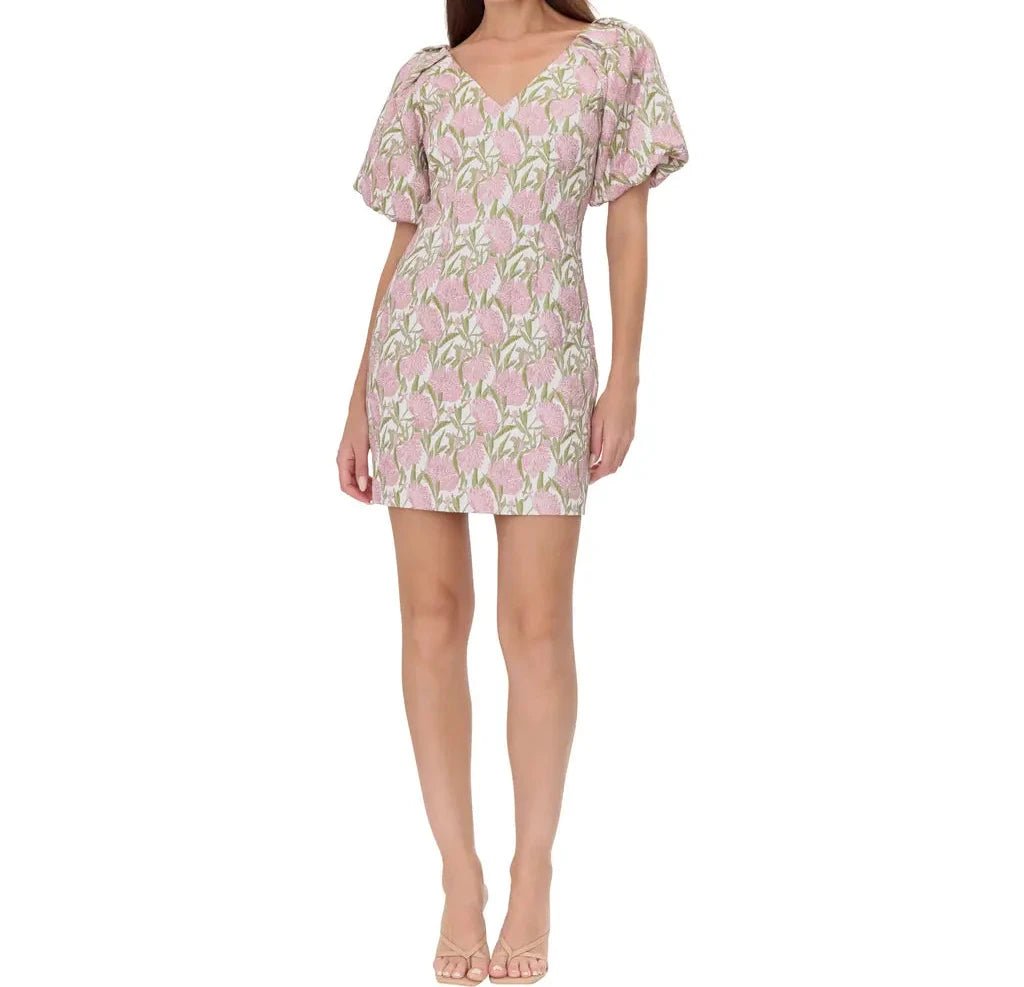 Myra Puff Sleeve Jacquard Mini Dress  Playful Floral Style for Spring S / Pink / V-Neck