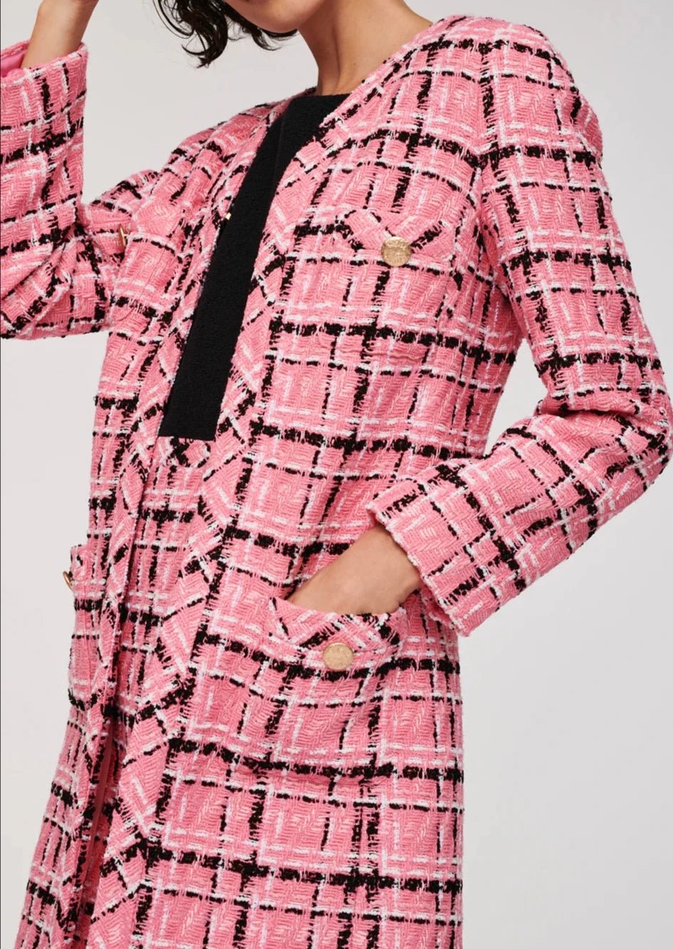 Pink tweed long jacket with check pattern and gold buttons by Weill Paris