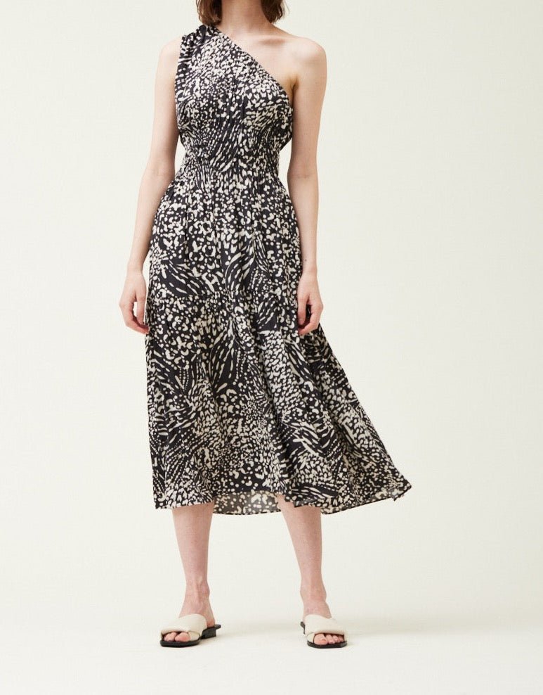 Printed One Shoulder Midi Dress - BTK Collections L / Black / One Shoulder Printed One Shoulder Midi Dress - BTK Collections L / Black / One Shoulder