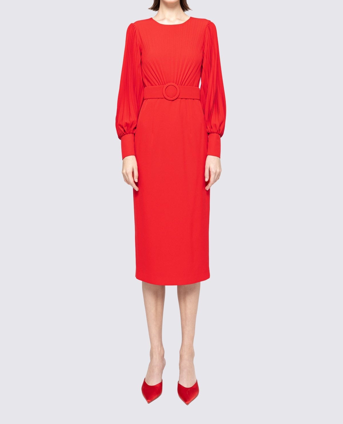Red Pleated Belted Midi Dress – Elegant Long Sleeve Pencil Dress