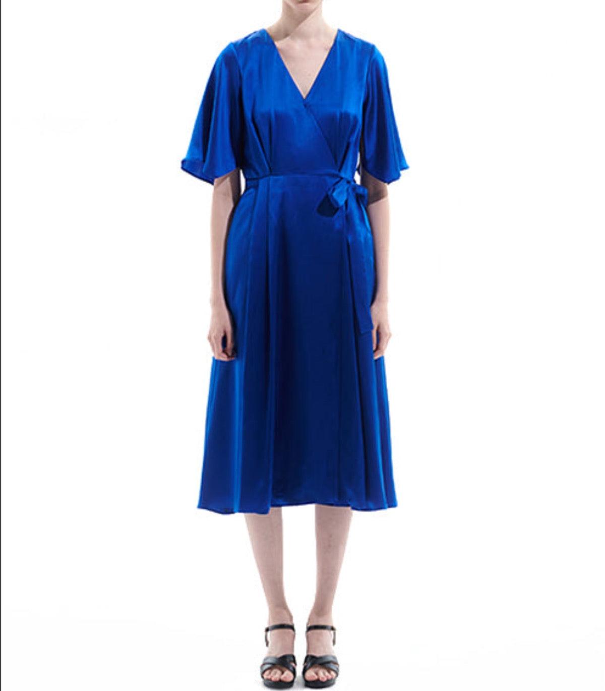 Royal blue silk wrap midi dress with flutter sleeves and adjustable waist tie – elegant desk to dinner women’s dress