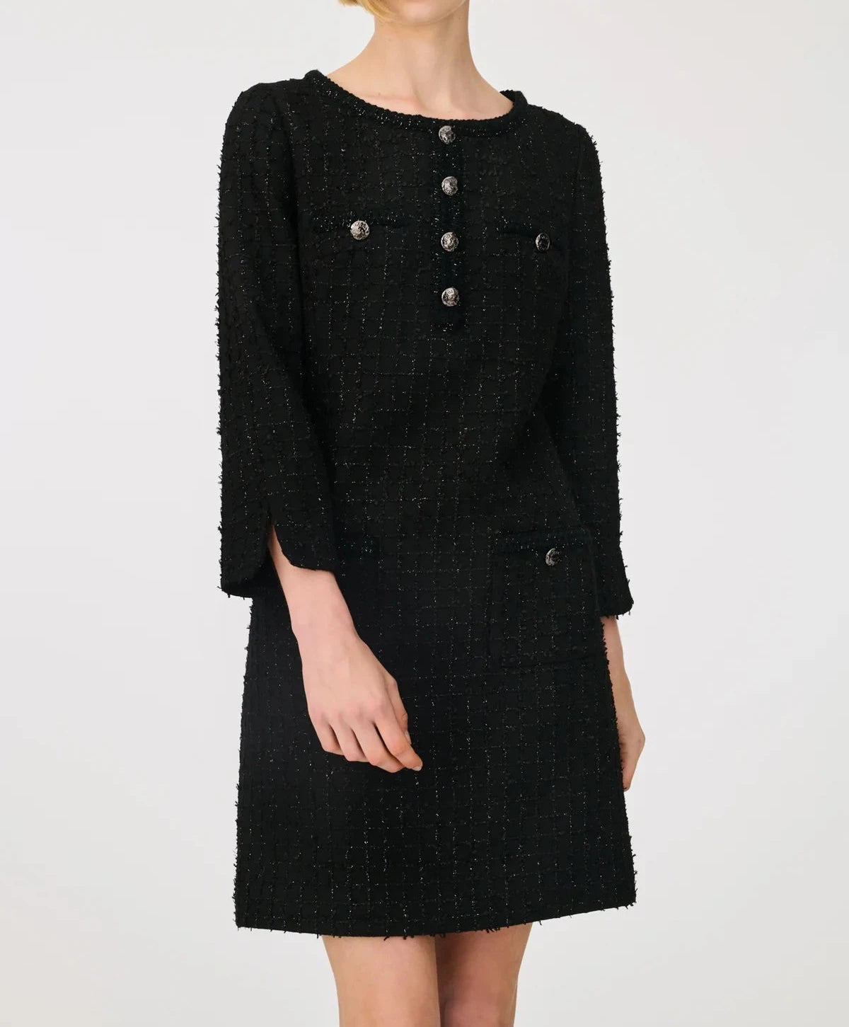 Black tweed shift dress with braid trim and silver buttons by Weill Paris