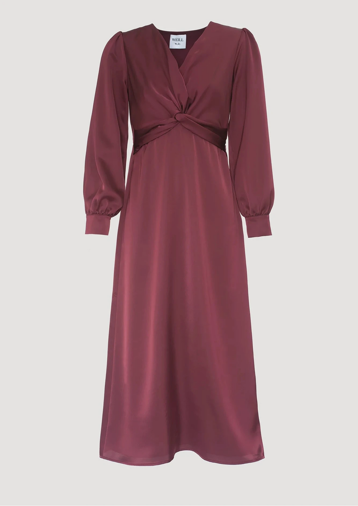 WEILL Paris burgundy satin dress with crossover waist draping, a V-neckline and slightly puffed long sleeves.