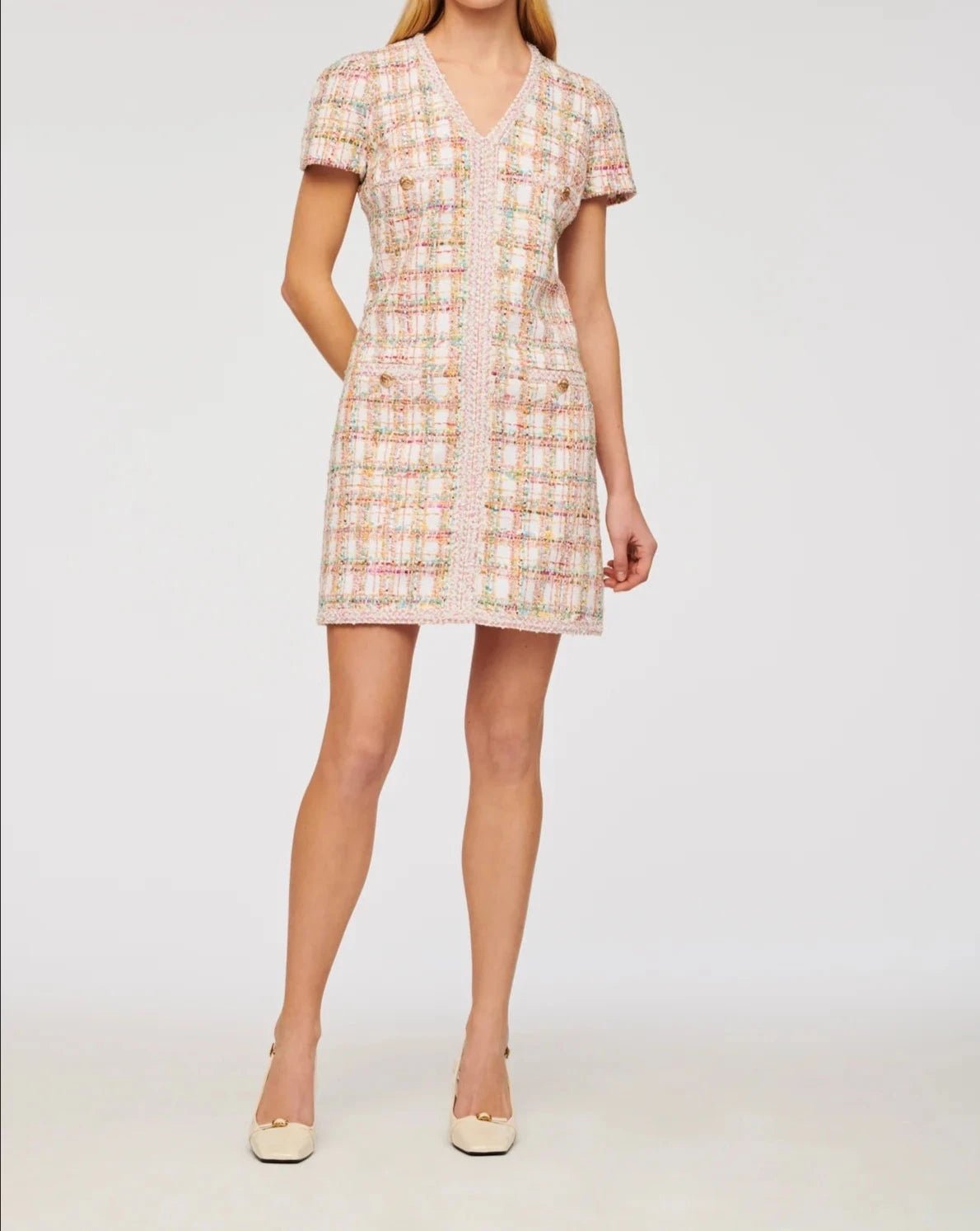 Weill Paris pastel tweed dress with contrast trim and short sleeves.