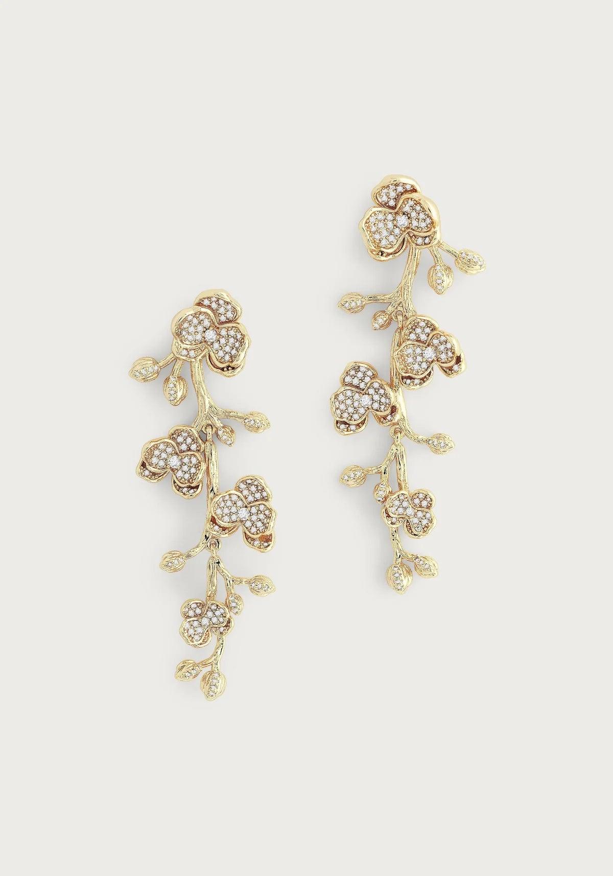 White Orchid Pave Clear Dangle Earrings - BTK COLLECTIONS
