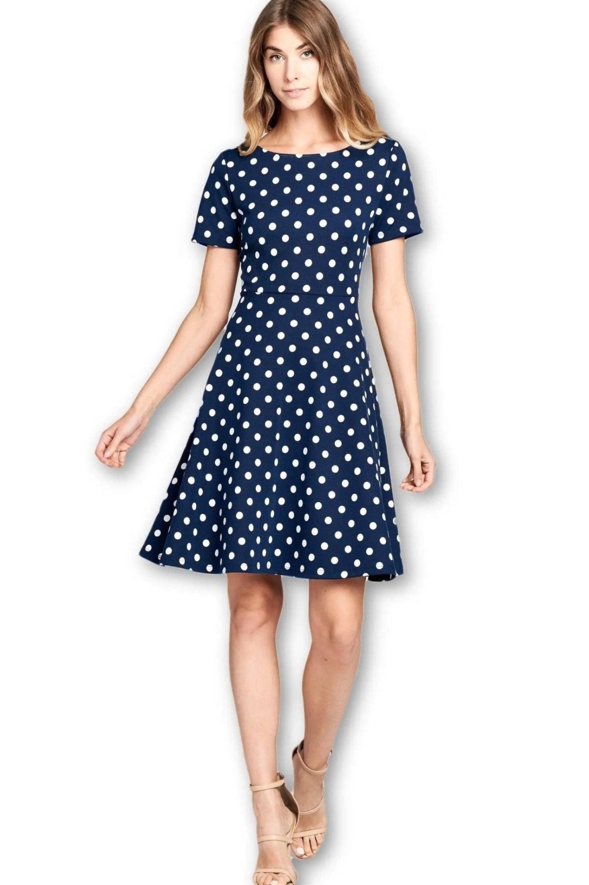 LKLUV navy and white polka dot fit-and-flare dress with a boat neckline and short sleeves, front view