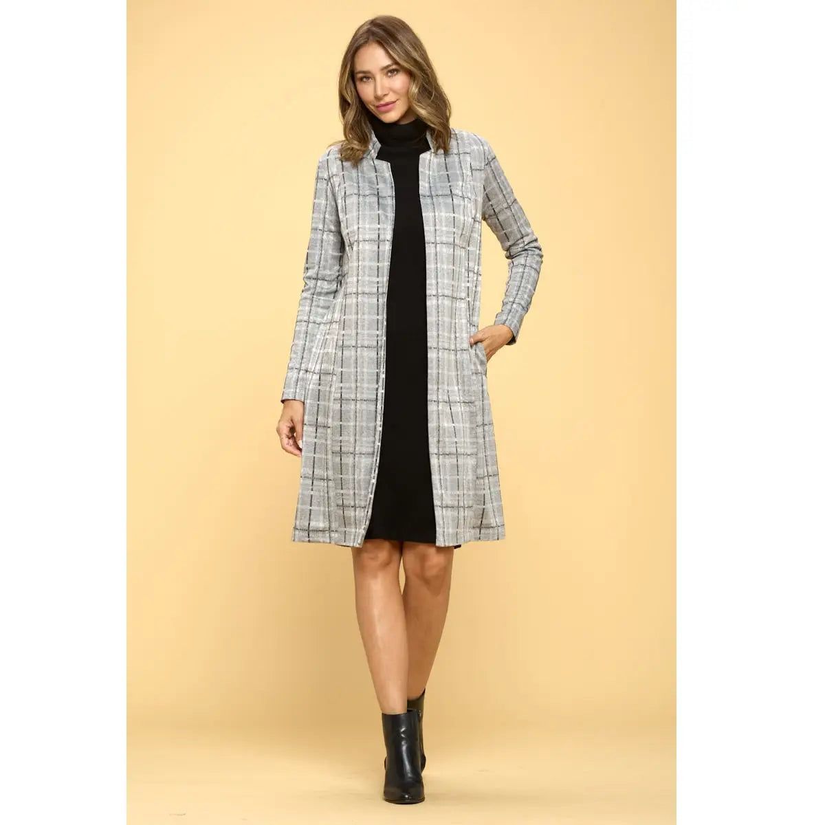 Renee C grey plaid open-front jacket shown from the front with one hand in a side pocket.