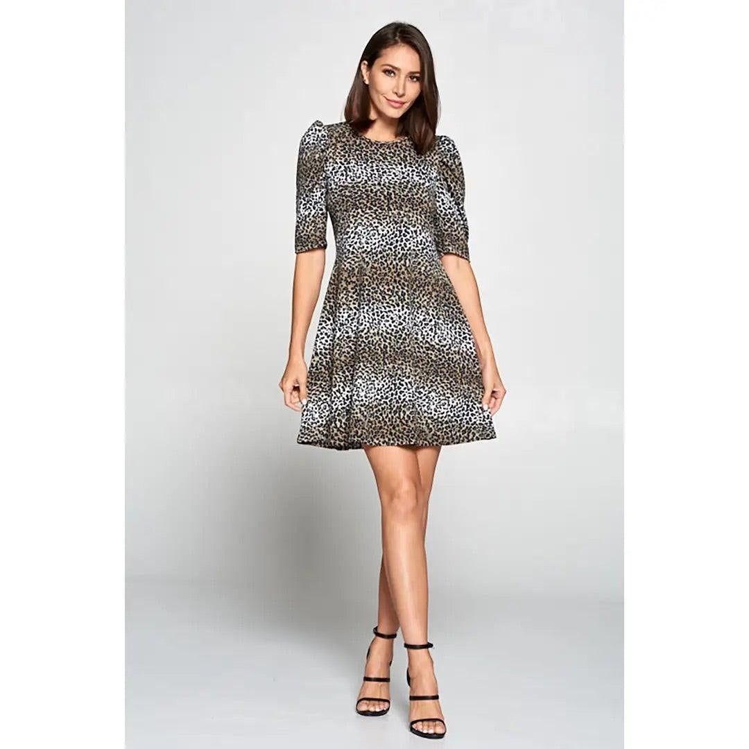 Animal Print Swing Dress with Puff Sleeve - BTK COLLECTIONS