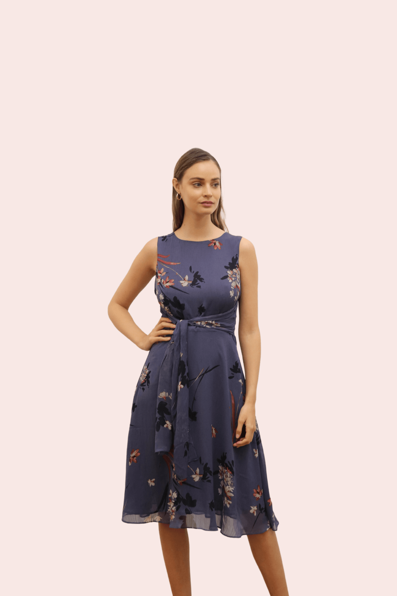 Atelier-New York Grey Floral Printed Chiffon Midi Dress