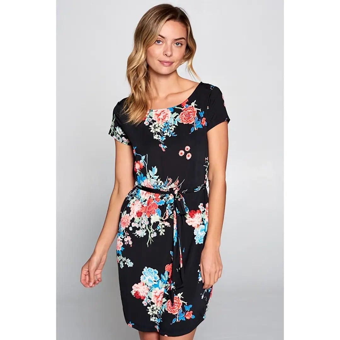 Black Floral Print Knit Dress with Waist Tie - BTK COLLECTIONS