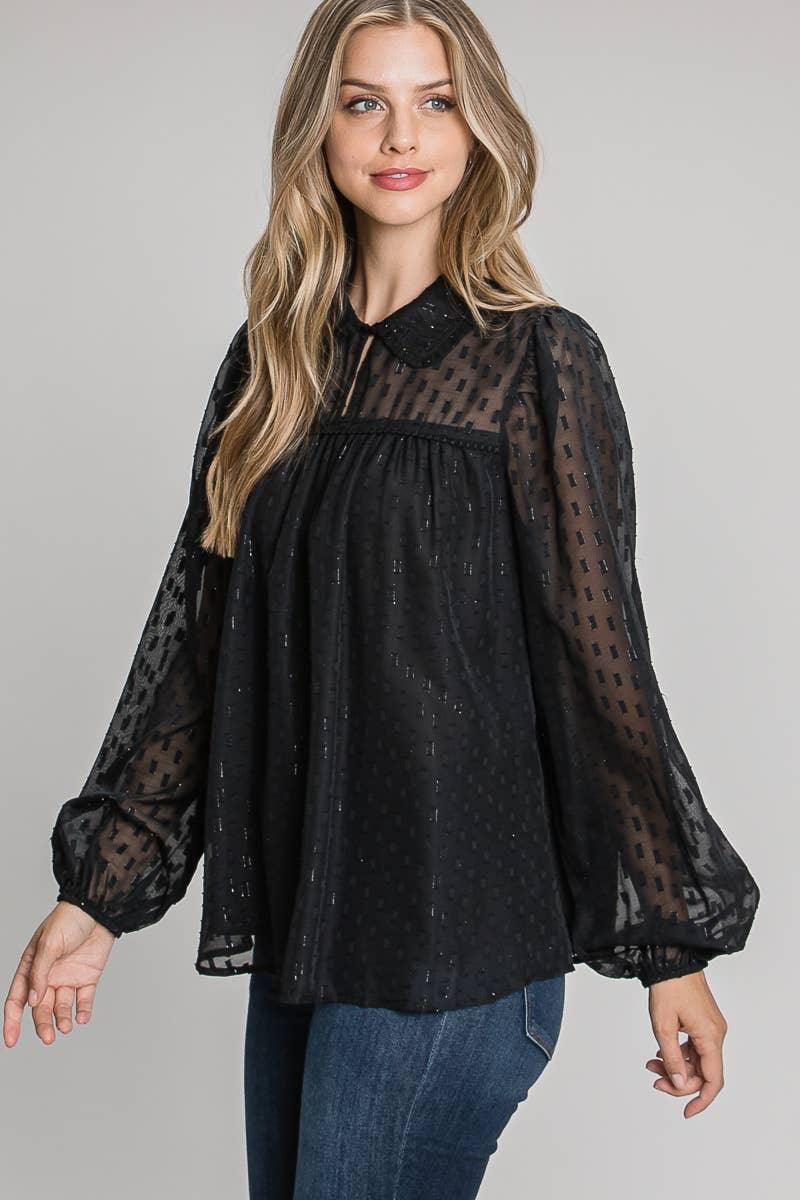 Allie Rose black geo lurex jacquard blouse with a rounded collar, sheer long sleeves and gathered front yoke.