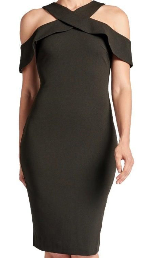 Close-up of the Simona Maghen Layla black stretch crepe dress with a criss-cross neckline and cold shoulder cutouts.