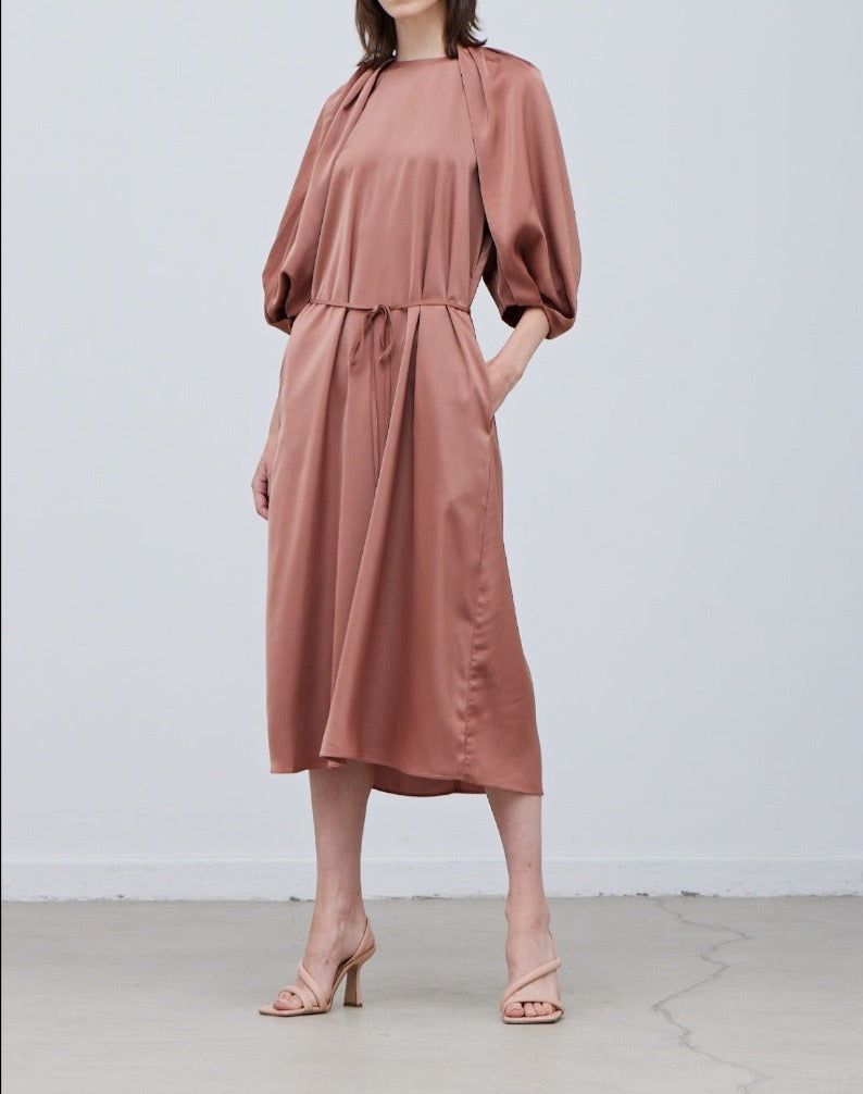 Rose Tan satin 3/4 sleeve midi dress with tie waist and gathered neckline