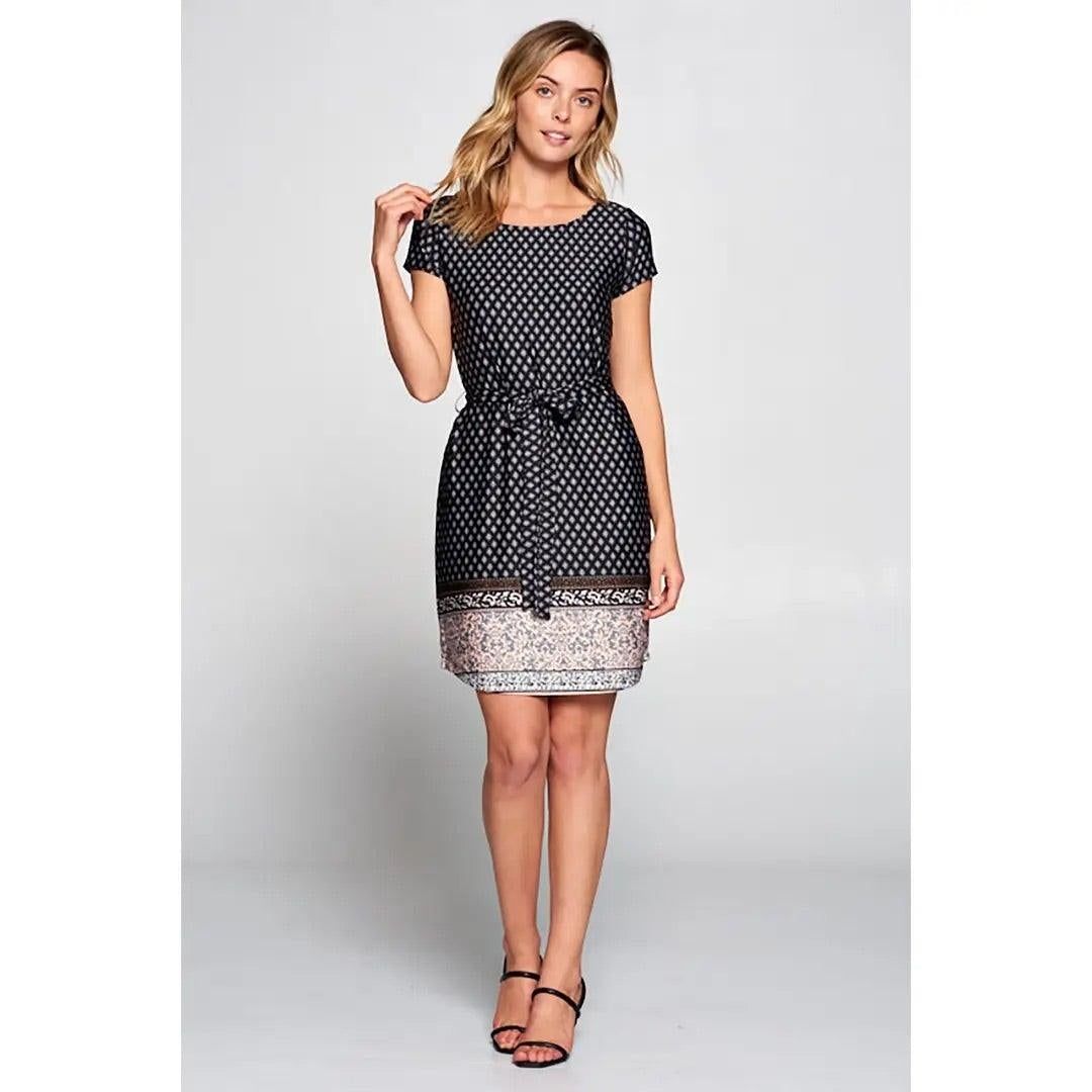 Boho Border Print Knit Dress with Waist Tie - BTK COLLECTIONS