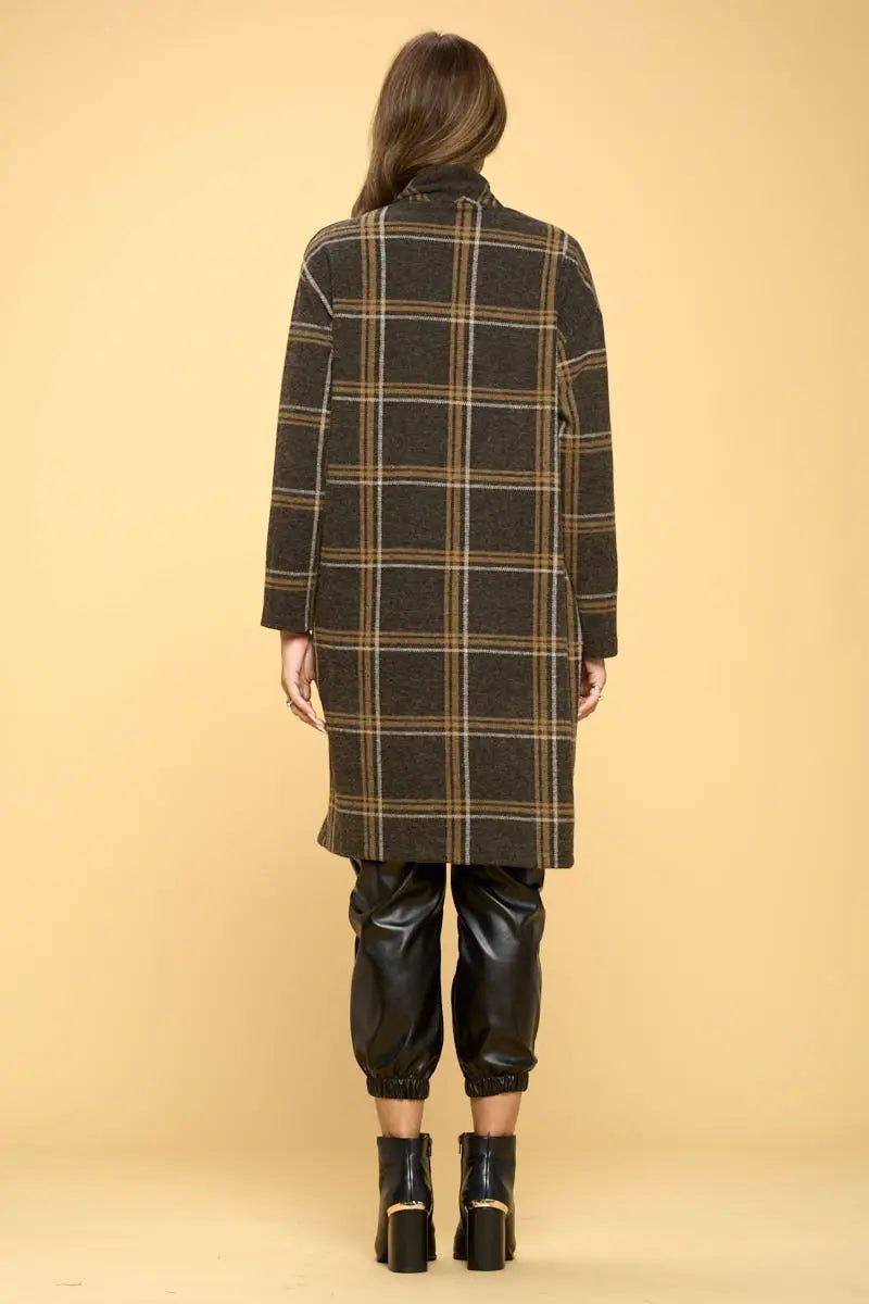 Charcoal Plaid Coat with Buttons and Pockets - BTK COLLECTIONS