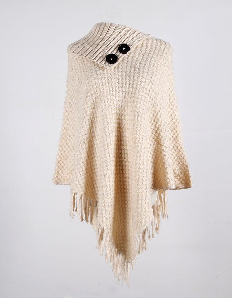Classic wool button-collar poncho with fringe