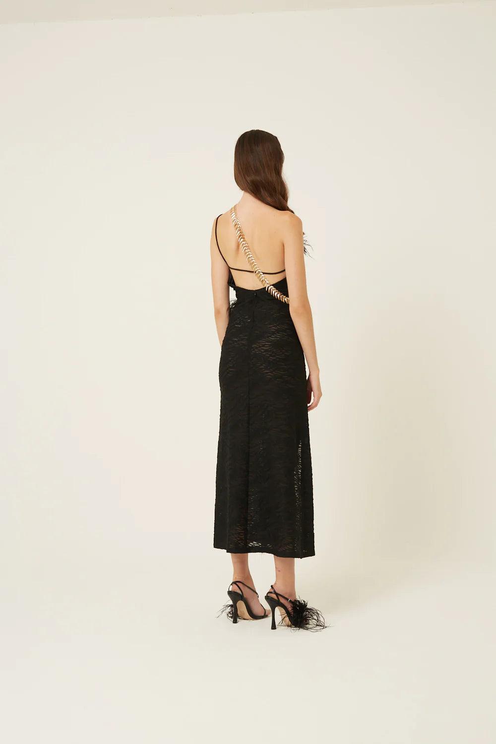 Back view of black asymmetric evening midi dress with one-shoulder strap detail