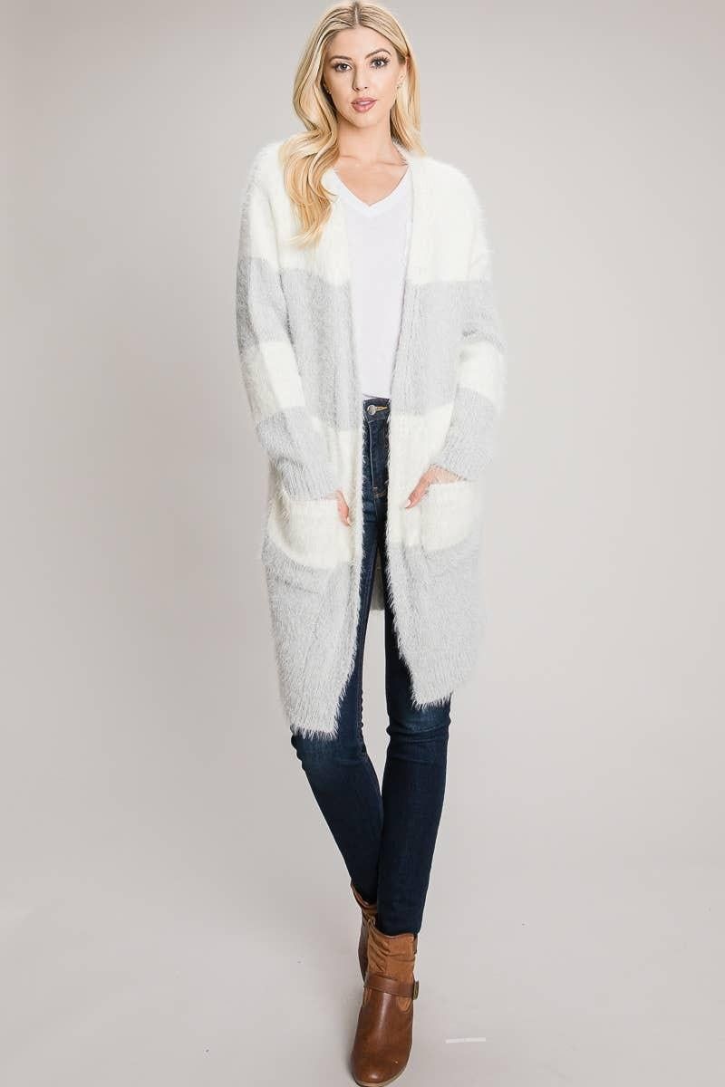 Cozy Eyelash Color block Open Cardigan - BTK COLLECTIONS